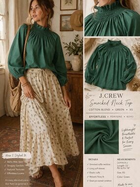 J.Crew Boho Smocked Neck Blouse Green Ruffle Puff Sleeve Cottagecore XS